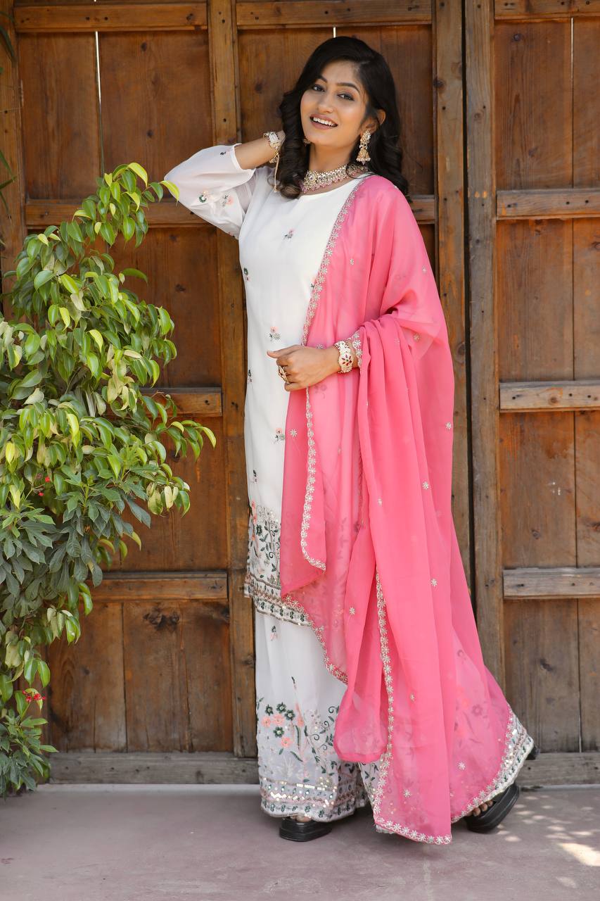 Faux Georgette Silk Kurti & Sarara Set with Multi-Sequin Embroidery & Lace Dupatta