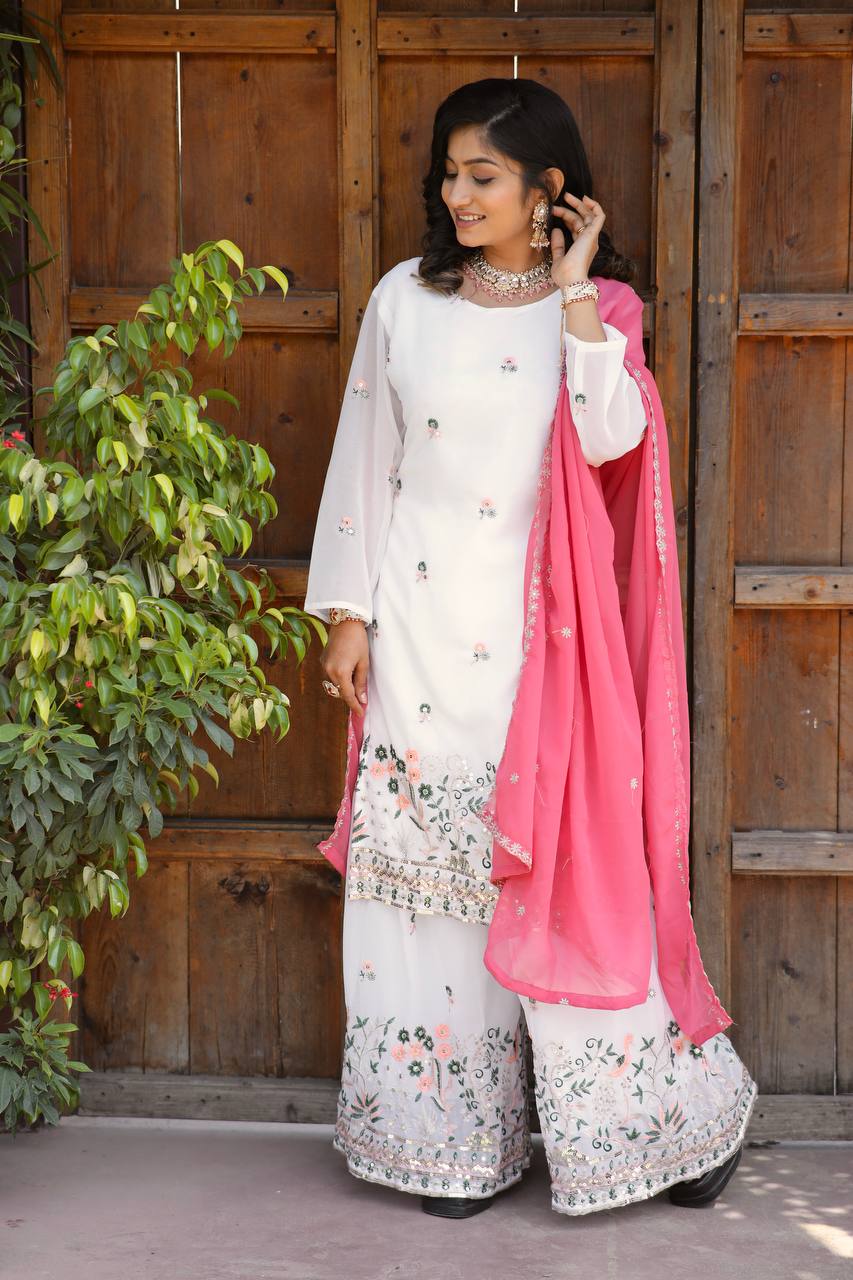 Faux Georgette Silk Kurti & Sarara Set with Multi-Sequin Embroidery & Lace Dupatta