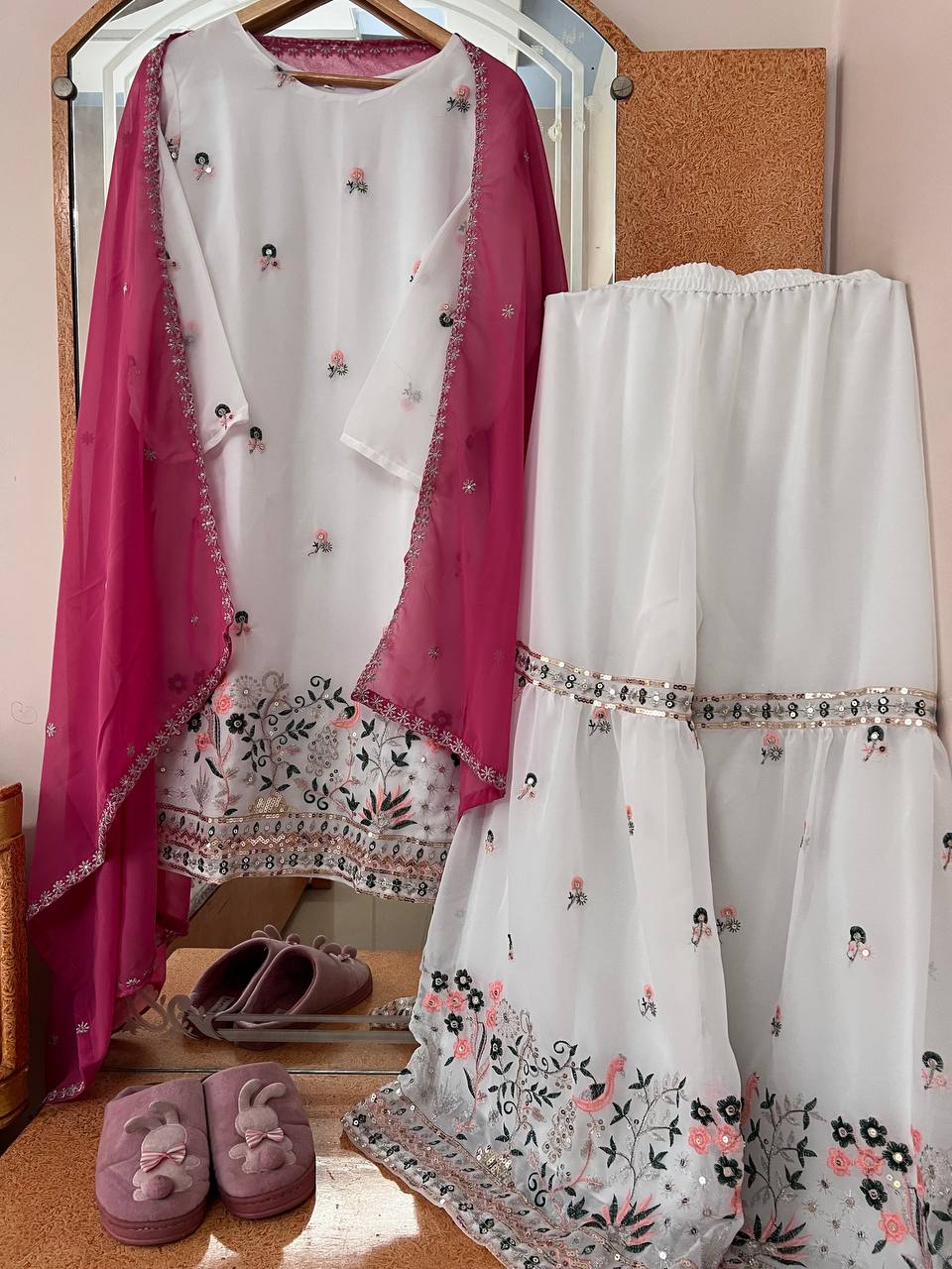 Faux Georgette Silk Kurti & Sarara Set with Multi-Sequin Embroidery & Lace Dupatta