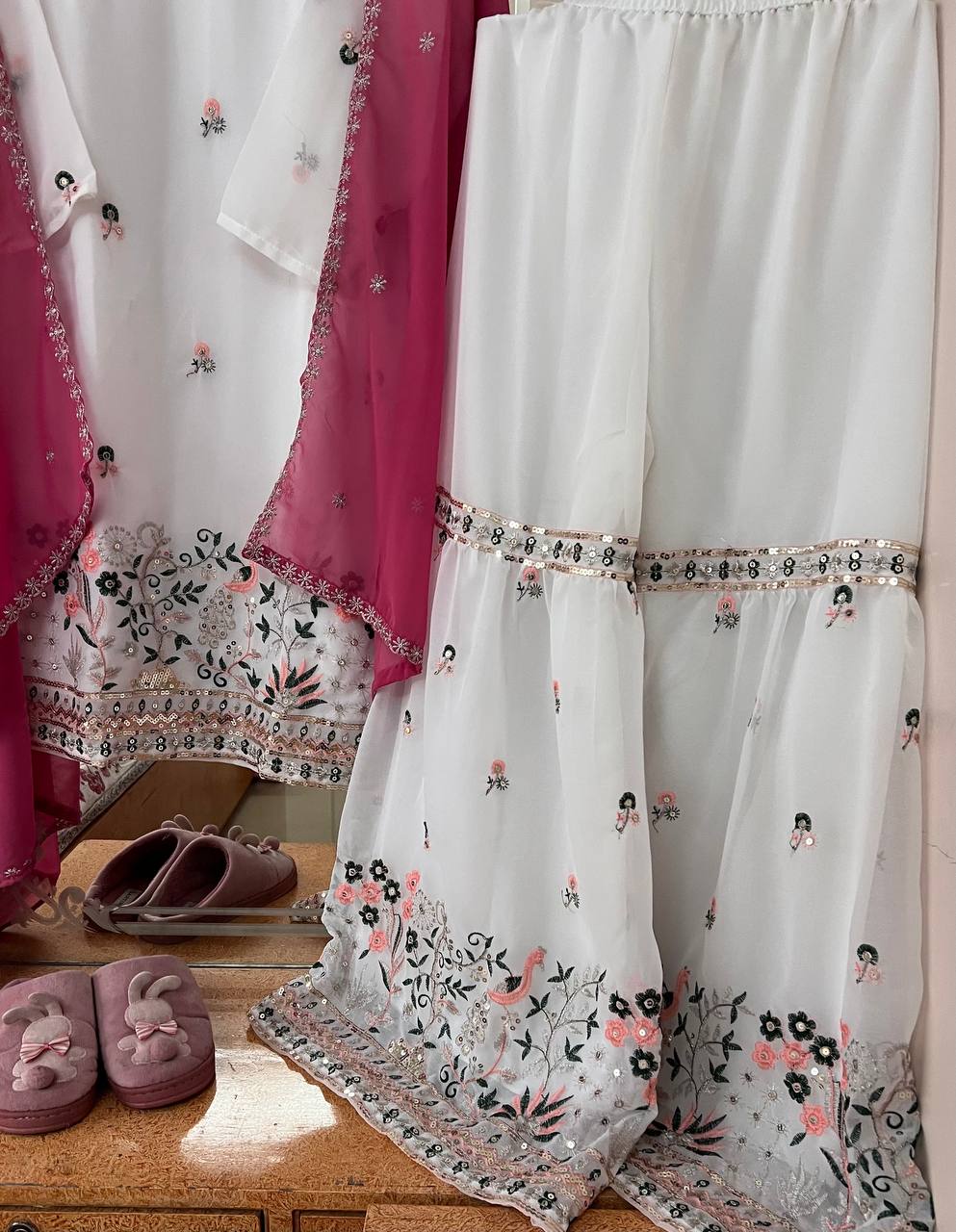 Faux Georgette Silk Kurti & Sarara Set with Multi-Sequin Embroidery & Lace Dupatta