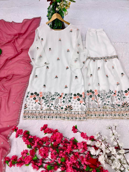 Faux Georgette Silk Kurti & Sarara Set with Multi-Sequin Embroidery & Lace Dupatta