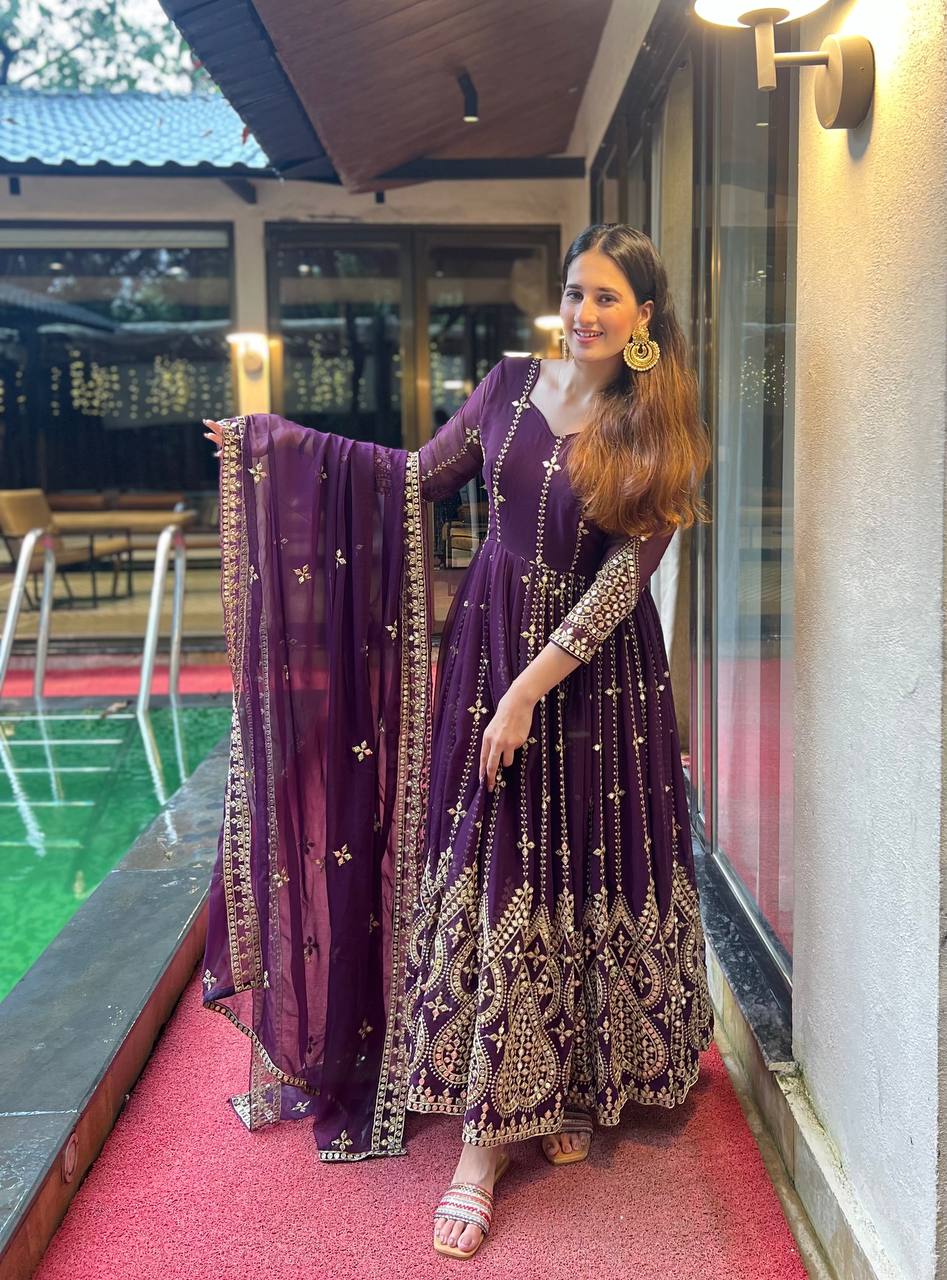 Designer Heavy Faux Georgette Anarkali Suit with Sequins & Embroidery Work, Dupatta & Cotton Pant – Fully Stitched Party Wear Dress for Women