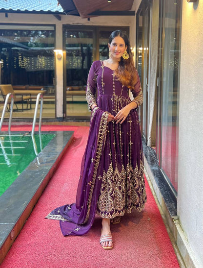 Designer Heavy Faux Georgette Anarkali Suit with Sequins & Embroidery Work, Dupatta & Cotton Pant – Fully Stitched Party Wear Dress for Women