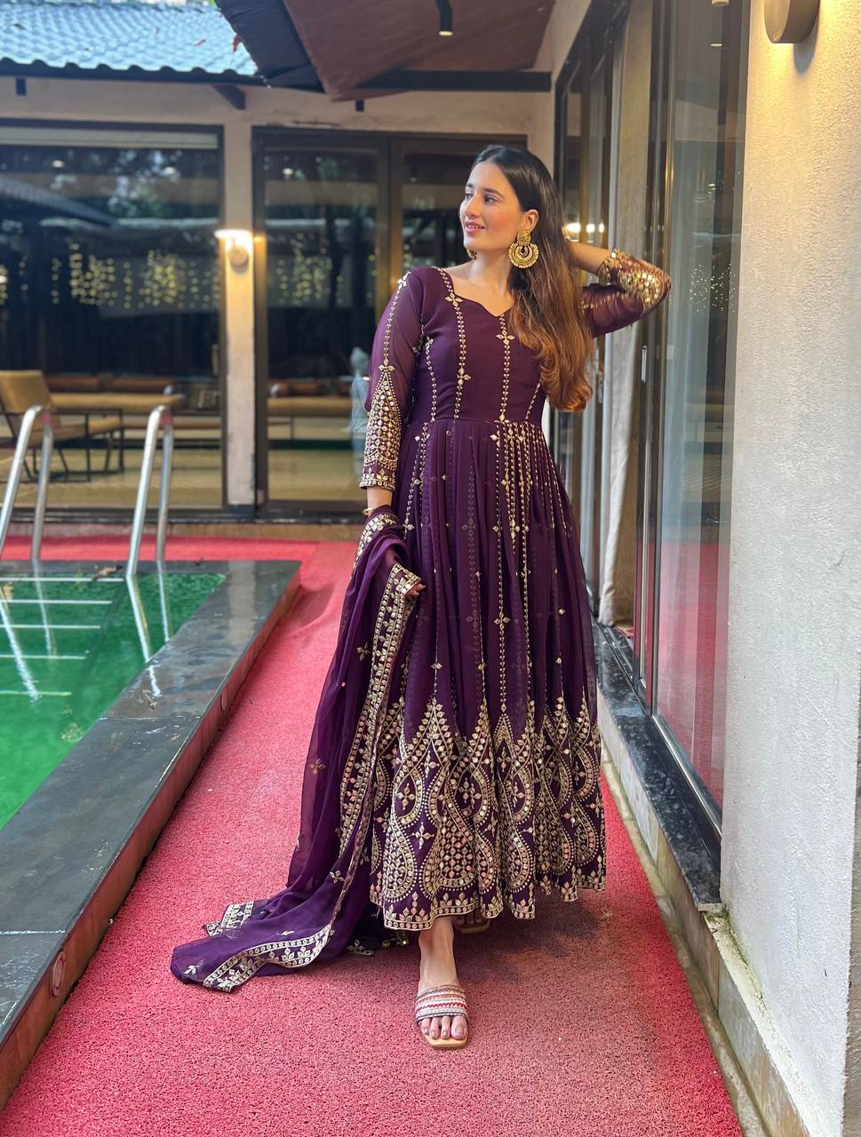 Designer Heavy Faux Georgette Anarkali Suit with Sequins & Embroidery Work, Dupatta & Cotton Pant – Fully Stitched Party Wear Dress for Women