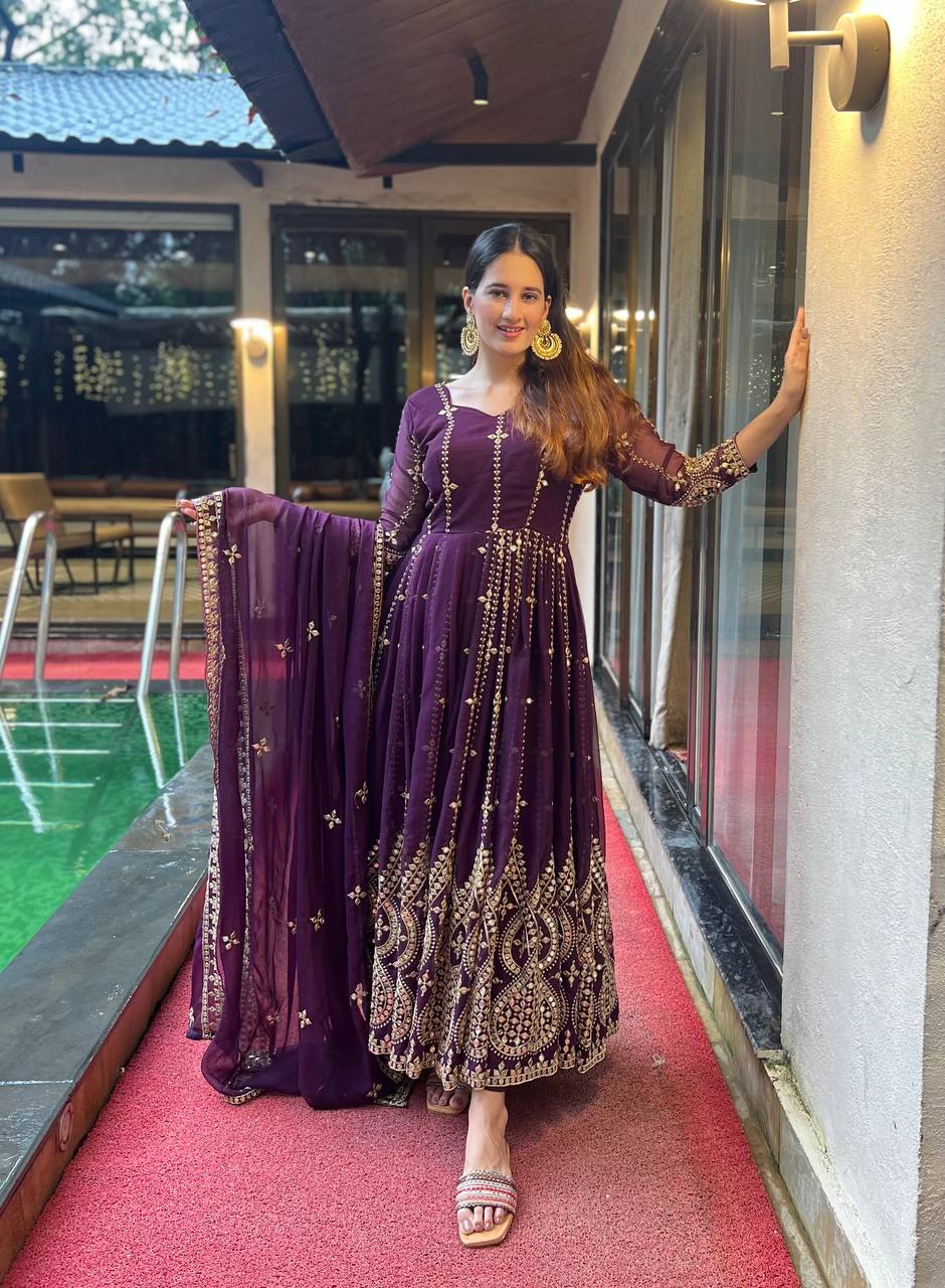 Designer Heavy Faux Georgette Anarkali Suit with Sequins & Embroidery Work, Dupatta & Cotton Pant – Fully Stitched Party Wear Dress for Women