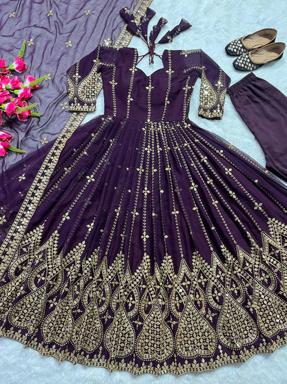 Designer Heavy Faux Georgette Anarkali Suit with Sequins & Embroidery Work, Dupatta & Cotton Pant – Fully Stitched Party Wear Dress for Women