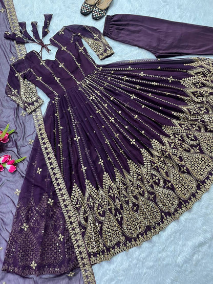 Designer Heavy Faux Georgette Anarkali Suit with Sequins & Embroidery Work, Dupatta & Cotton Pant – Fully Stitched Party Wear Dress for Women