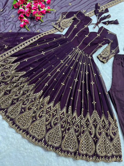 Designer Heavy Faux Georgette Anarkali Suit with Sequins & Embroidery Work, Dupatta & Cotton Pant – Fully Stitched Party Wear Dress for Women
