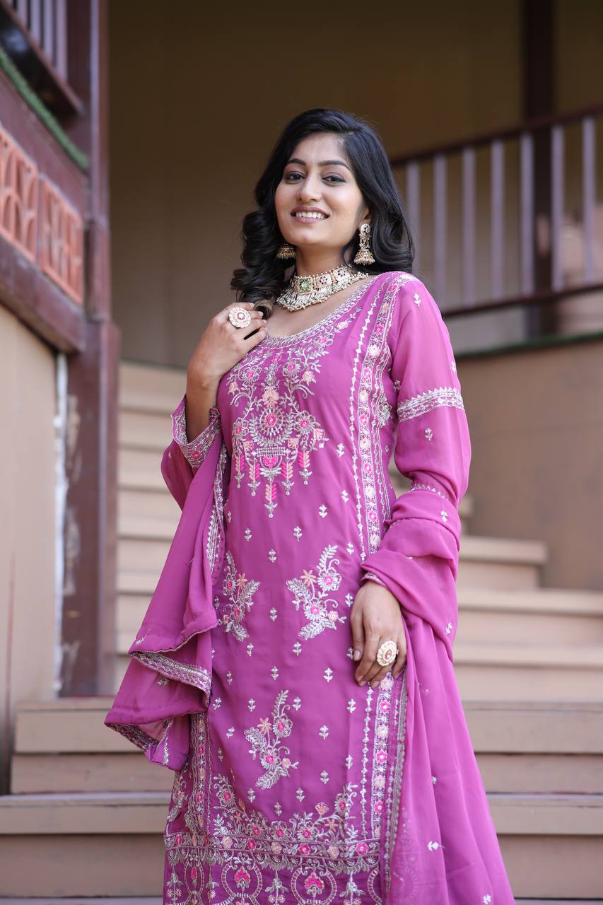 Heavy Faux Georgette Silk Kurti & Plazzo Set with Embroidered Lace Dupatta & Sequin Work