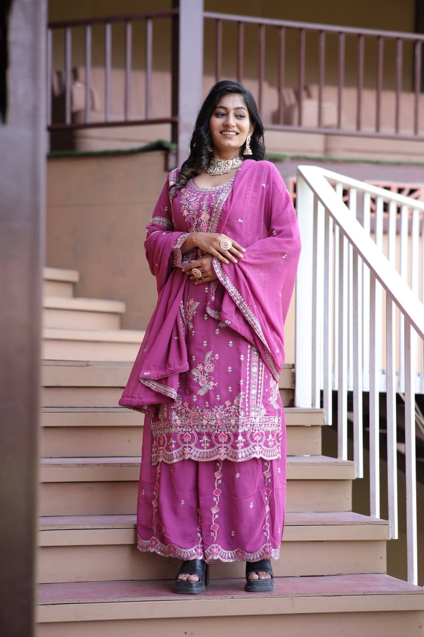 Heavy Faux Georgette Silk Kurti & Plazzo Set with Embroidered Lace Dupatta & Sequin Work