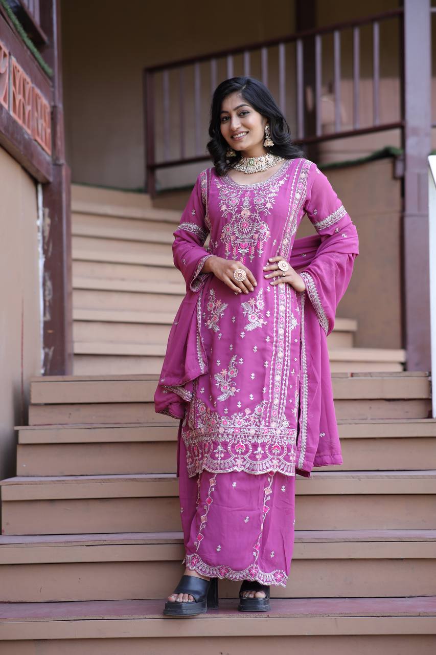 Heavy Faux Georgette Silk Kurti & Plazzo Set with Embroidered Lace Dupatta & Sequin Work