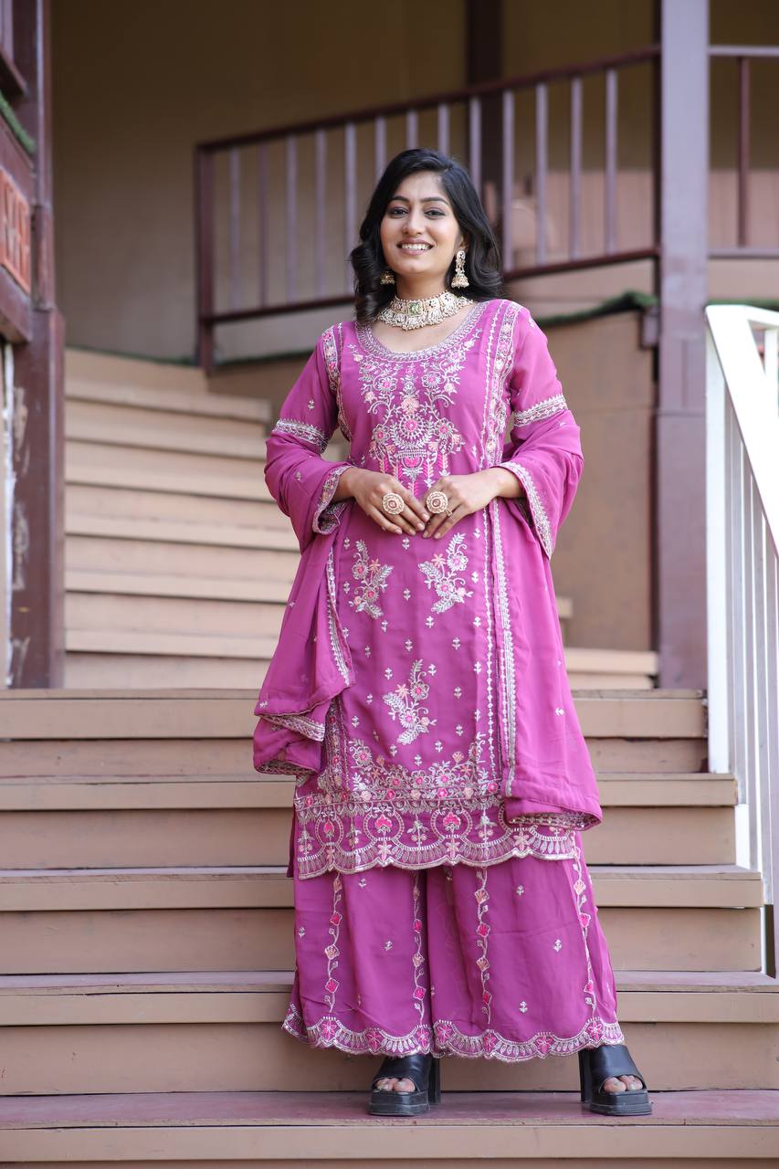 Heavy Faux Georgette Silk Kurti & Plazzo Set with Embroidered Lace Dupatta & Sequin Work