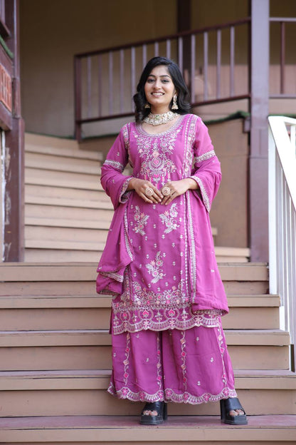 Heavy Faux Georgette Silk Kurti & Plazzo Set with Embroidered Lace Dupatta & Sequin Work