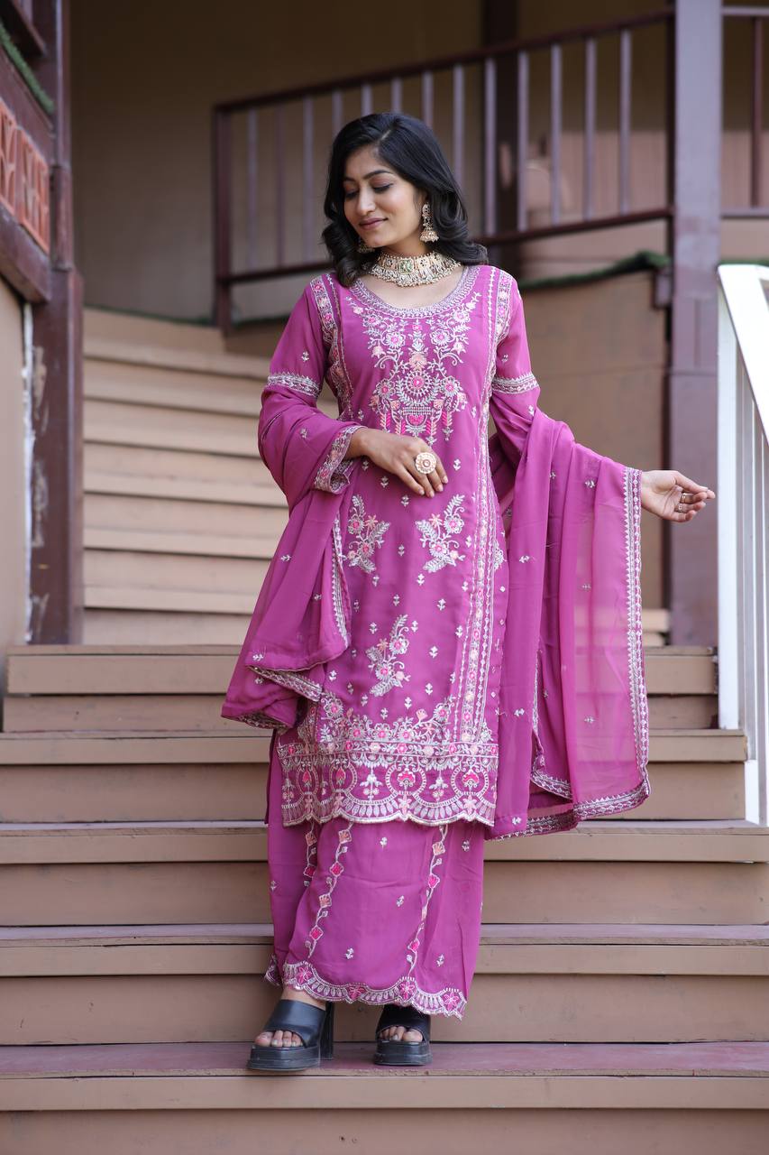 Heavy Faux Georgette Silk Kurti & Plazzo Set with Embroidered Lace Dupatta & Sequin Work
