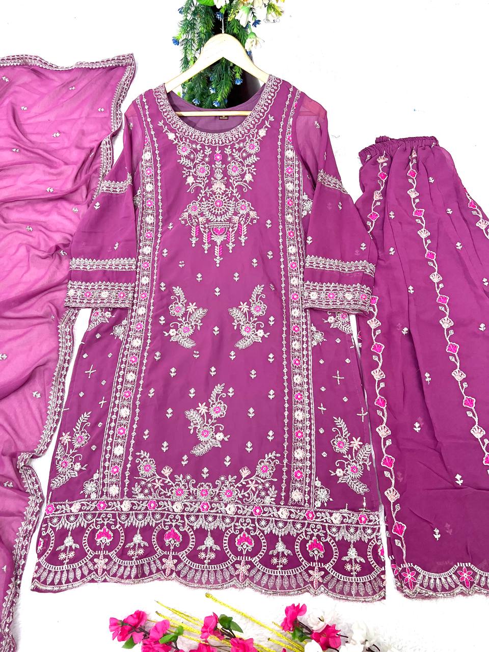Heavy Faux Georgette Silk Kurti & Plazzo Set with Embroidered Lace Dupatta & Sequin Work