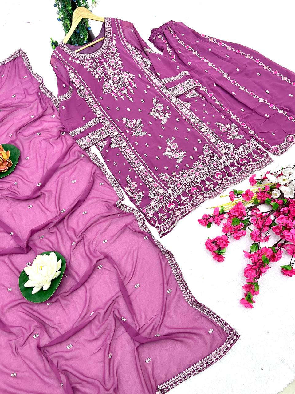 Heavy Faux Georgette Silk Kurti & Plazzo Set with Embroidered Lace Dupatta & Sequin Work