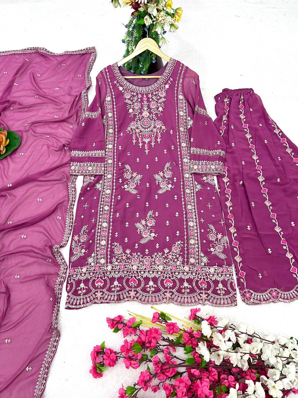 Heavy Faux Georgette Silk Kurti & Plazzo Set with Embroidered Lace Dupatta & Sequin Work