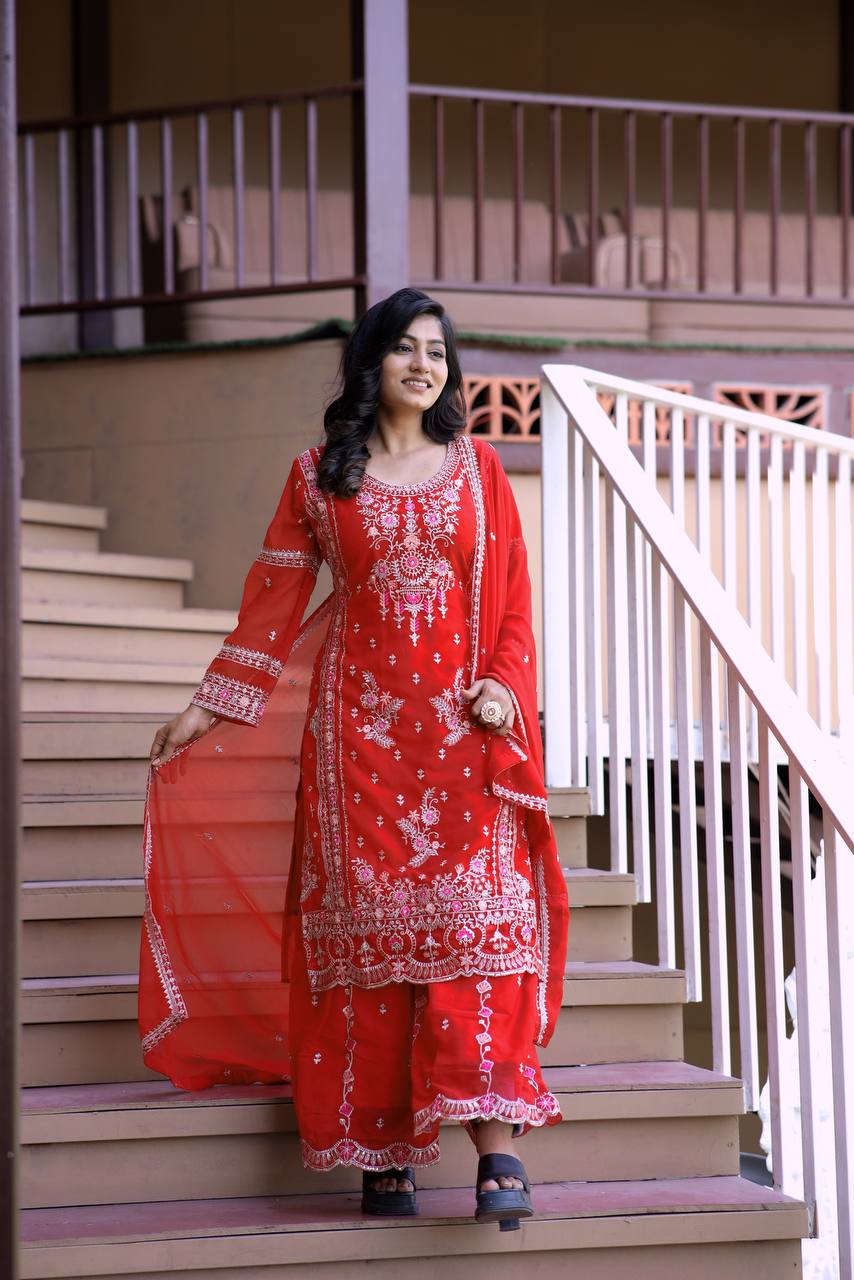 Heavy Faux Georgette Silk Kurti & Plazzo Set with Embroidered Lace Dupatta & Sequin Work