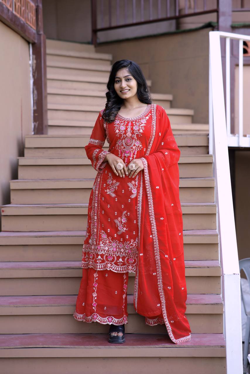 Heavy Faux Georgette Silk Kurti & Plazzo Set with Embroidered Lace Dupatta & Sequin Work