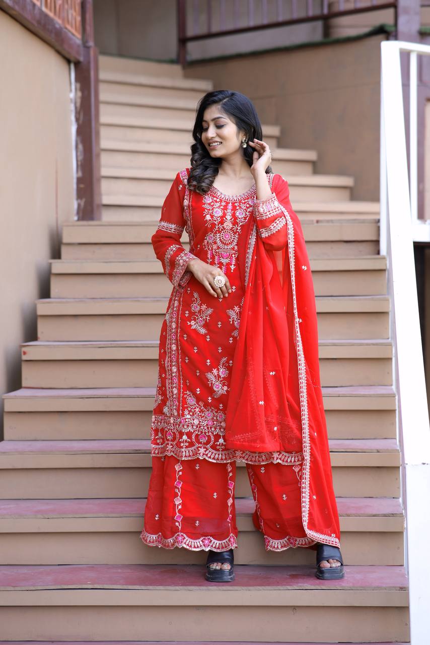 Heavy Faux Georgette Silk Kurti & Plazzo Set with Embroidered Lace Dupatta & Sequin Work