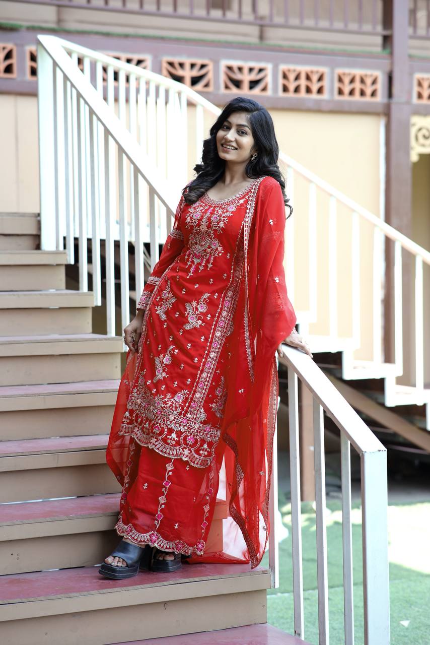 Heavy Faux Georgette Silk Kurti & Plazzo Set with Embroidered Lace Dupatta & Sequin Work