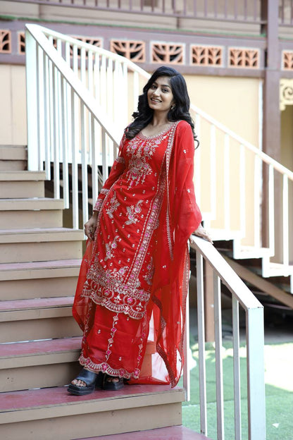 Heavy Faux Georgette Silk Kurti & Plazzo Set with Embroidered Lace Dupatta & Sequin Work