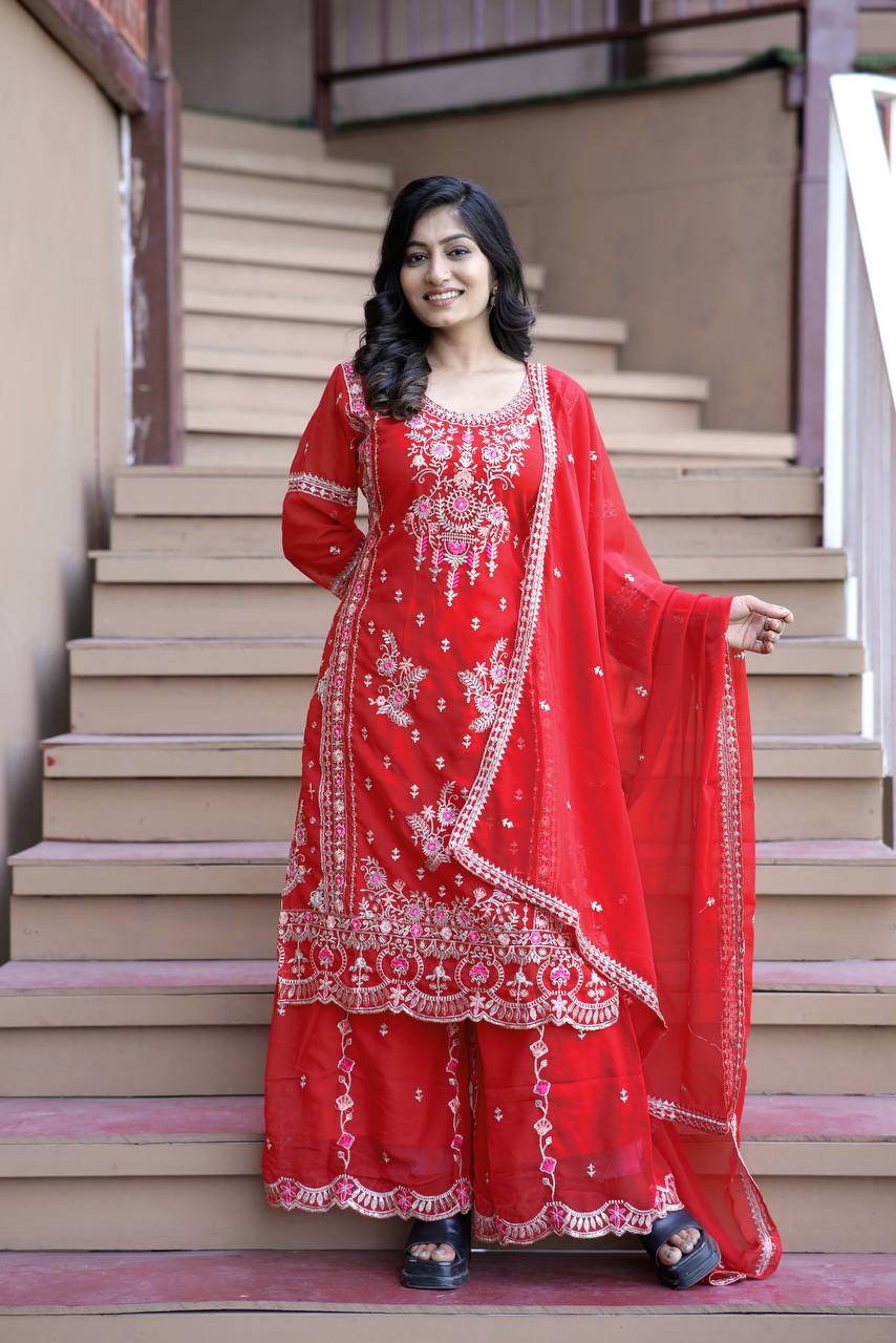 Heavy Faux Georgette Silk Kurti & Plazzo Set with Embroidered Lace Dupatta & Sequin Work