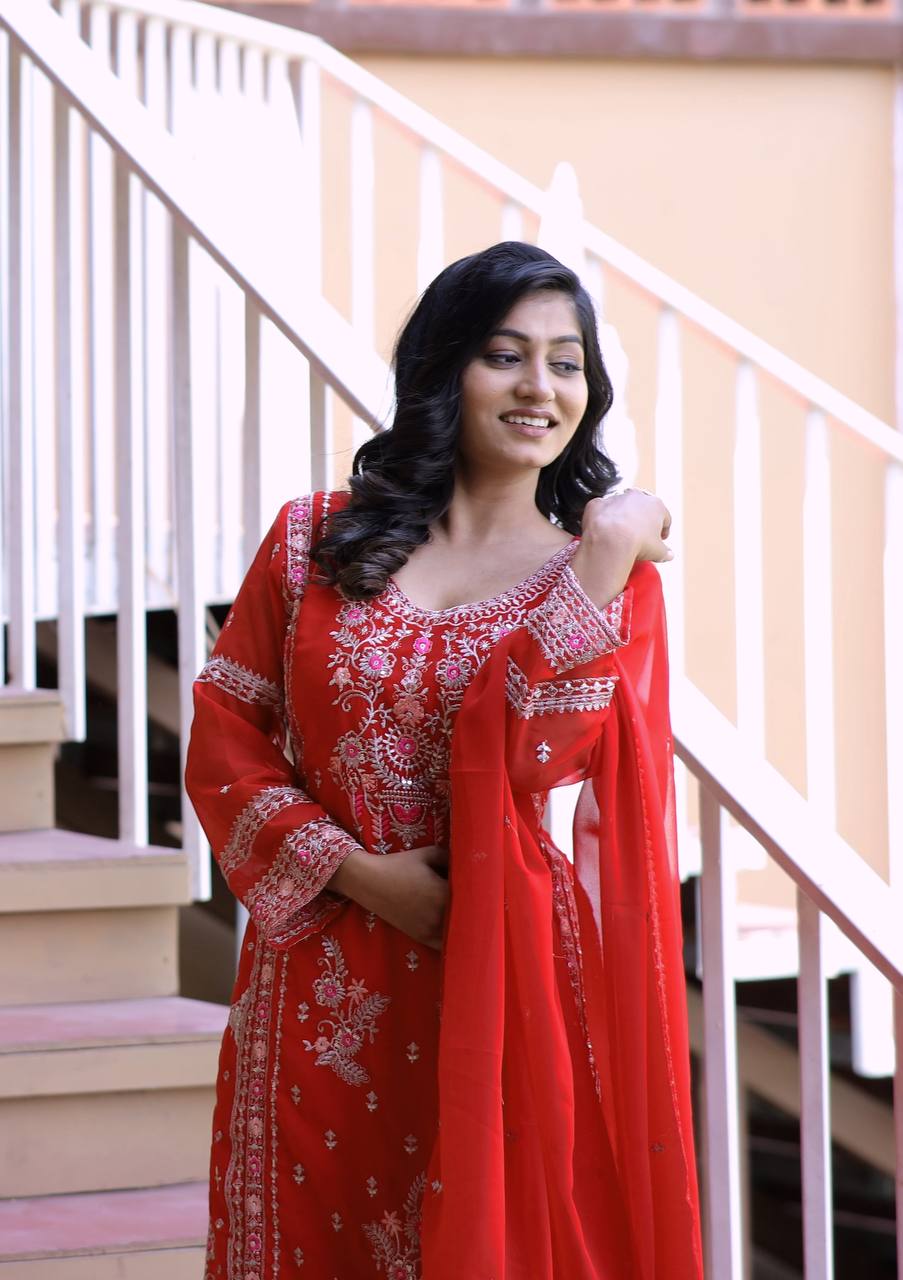 Heavy Faux Georgette Silk Kurti & Plazzo Set with Embroidered Lace Dupatta & Sequin Work