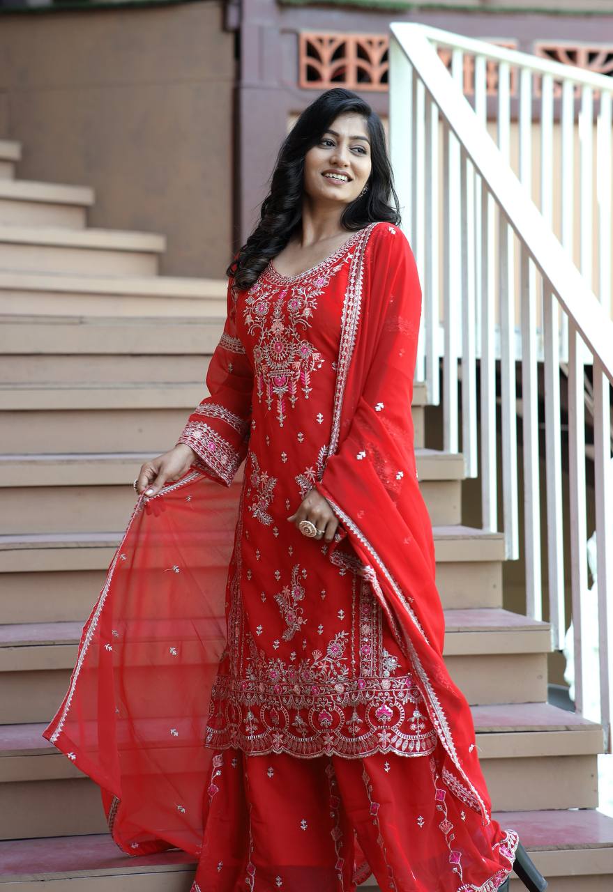 Heavy Faux Georgette Silk Kurti & Plazzo Set with Embroidered Lace Dupatta & Sequin Work