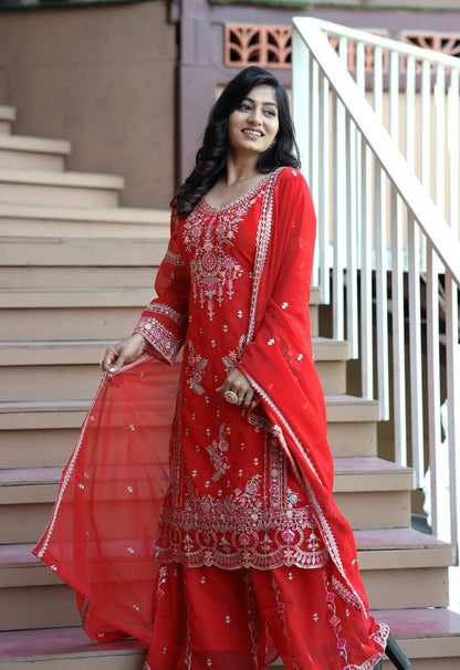 Heavy Faux Georgette Silk Kurti & Plazzo Set with Embroidered Lace Dupatta & Sequin Work