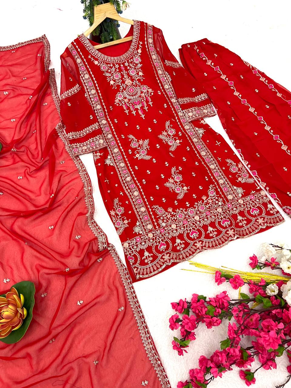 Heavy Faux Georgette Silk Kurti & Plazzo Set with Embroidered Lace Dupatta & Sequin Work