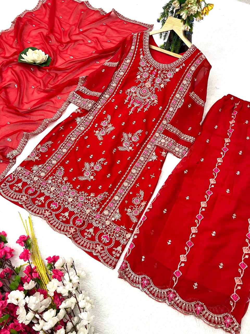 Heavy Faux Georgette Silk Kurti & Plazzo Set with Embroidered Lace Dupatta & Sequin Work
