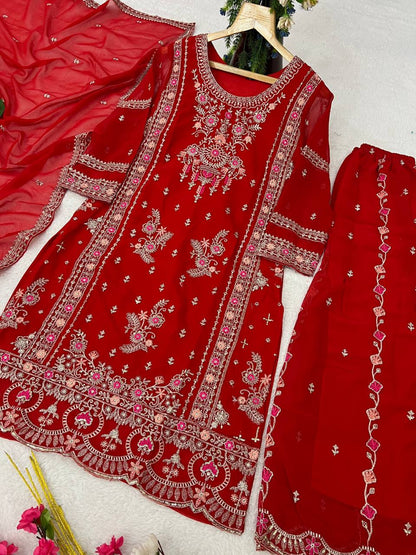 Heavy Faux Georgette Silk Kurti & Plazzo Set with Embroidered Lace Dupatta & Sequin Work