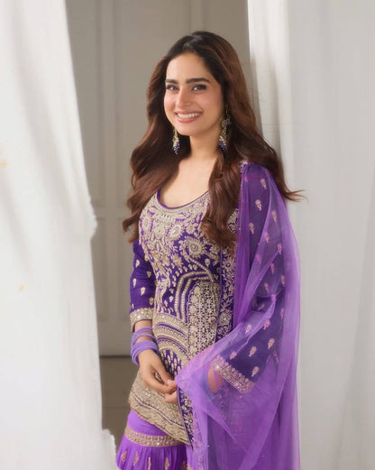 Faux Georgette Silk Kurti & Sarara Set with Sequins Embroidery & Lace Border Dupatta