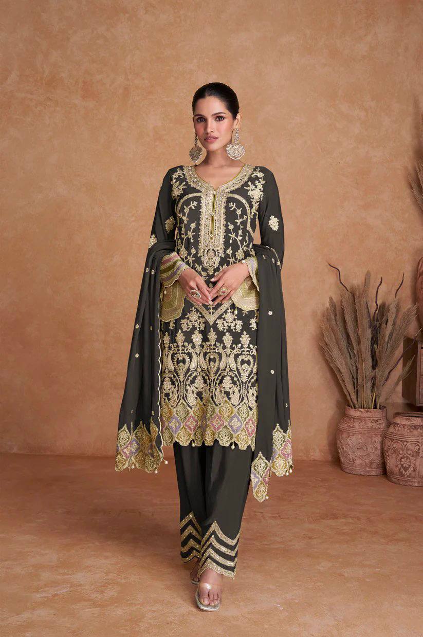 Heavy Pure Chinon Silk Embroidered Kurti Pant Set with Dupatta (Fully Stitched | Sequin & Lace Work)