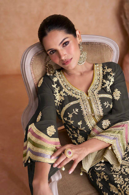 Heavy Pure Chinon Silk Embroidered Kurti Pant Set with Dupatta (Fully Stitched | Sequin & Lace Work)