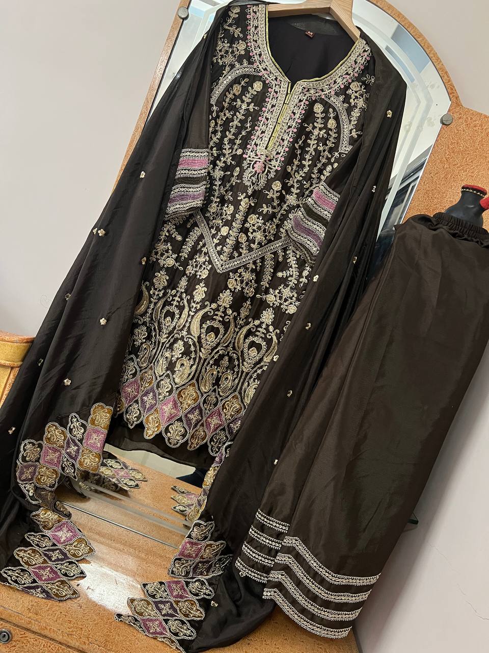 Heavy Pure Chinon Silk Embroidered Kurti Pant Set with Dupatta (Fully Stitched | Sequin & Lace Work)