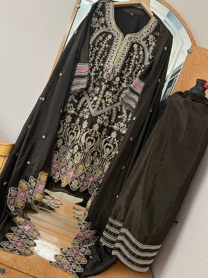 Heavy Pure Chinon Silk Embroidered Kurti Pant Set with Dupatta (Fully Stitched | Sequin & Lace Work)