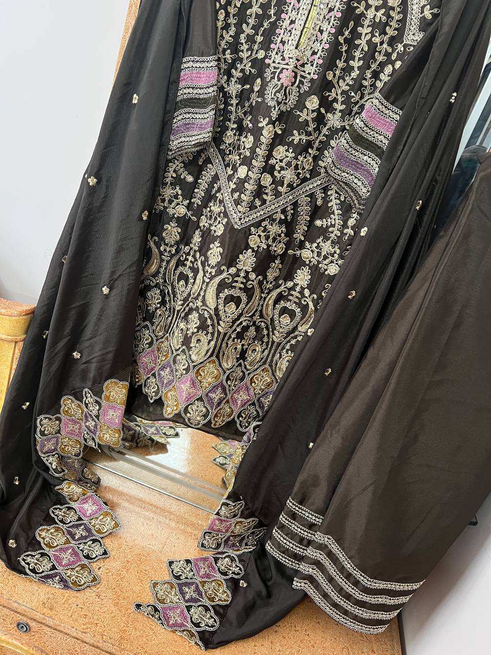 Heavy Pure Chinon Silk Embroidered Kurti Pant Set with Dupatta (Fully Stitched | Sequin & Lace Work)