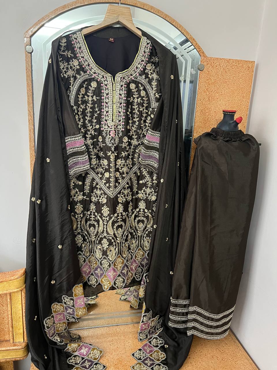 Heavy Pure Chinon Silk Embroidered Kurti Pant Set with Dupatta (Fully Stitched | Sequin & Lace Work)