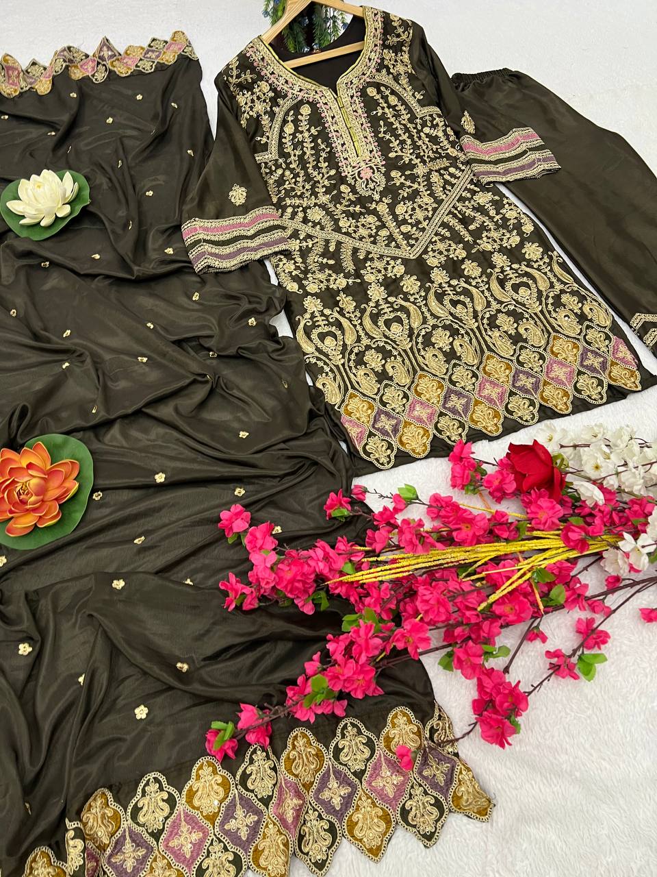 Heavy Pure Chinon Silk Embroidered Kurti Pant Set with Dupatta (Fully Stitched | Sequin & Lace Work)