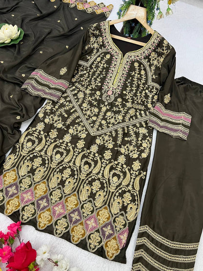 Heavy Pure Chinon Silk Embroidered Kurti Pant Set with Dupatta (Fully Stitched | Sequin & Lace Work)