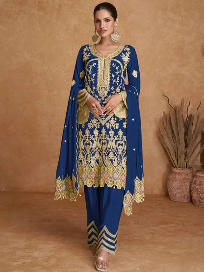 Heavy Pure Chinon Silk Embroidered Kurti Pant Set with Dupatta (Fully Stitched | Sequin & Lace Work)