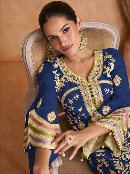 Heavy Pure Chinon Silk Embroidered Kurti Pant Set with Dupatta (Fully Stitched | Sequin & Lace Work)