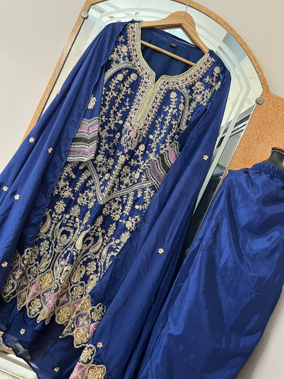 Heavy Pure Chinon Silk Embroidered Kurti Pant Set with Dupatta (Fully Stitched | Sequin & Lace Work)