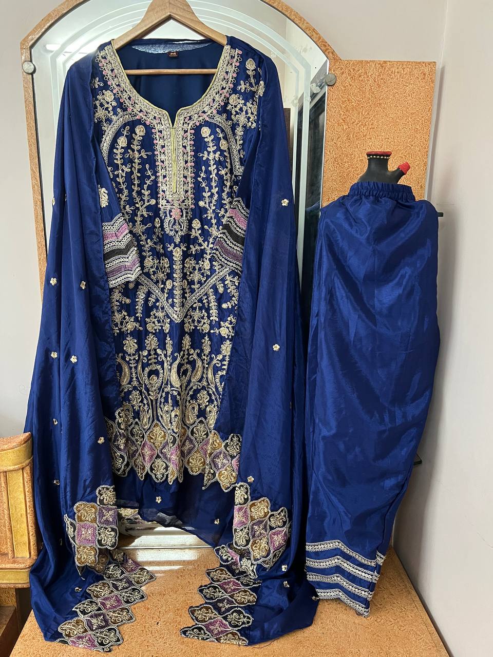 Heavy Pure Chinon Silk Embroidered Kurti Pant Set with Dupatta (Fully Stitched | Sequin & Lace Work)