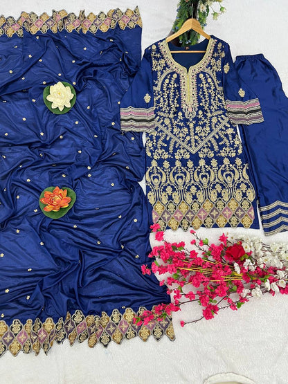 Heavy Pure Chinon Silk Embroidered Kurti Pant Set with Dupatta (Fully Stitched | Sequin & Lace Work)