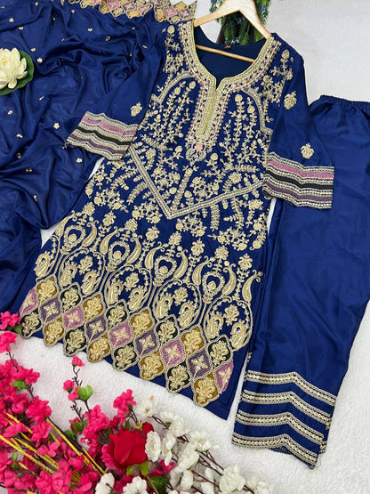 Heavy Pure Chinon Silk Embroidered Kurti Pant Set with Dupatta (Fully Stitched | Sequin & Lace Work)