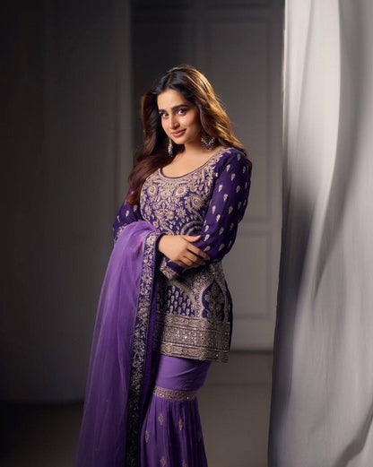 Faux Georgette Silk Kurti & Sarara Set with Sequins Embroidery & Lace Border Dupatta