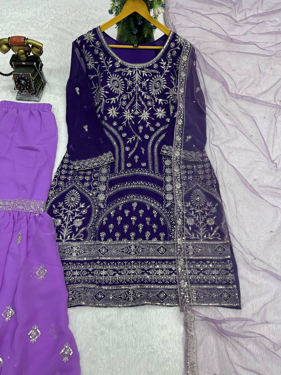 Faux Georgette Silk Kurti & Sarara Set with Sequins Embroidery & Lace Border Dupatta